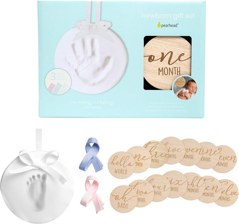 Pear Head Newborn Gift Set, Gender-Neutral Baby Gifts Box, 7 Wooden Monthly Milestone Discs, White Babyprints Clay Kit for Handprint or Footprint, Unisex, Boy or Girl - Image 1